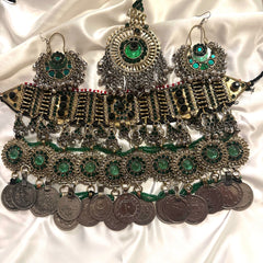 Norband Grön Sten Och Mynt Arbete Afghani Choker Set