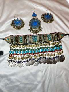 Norband Turquoise Stone And Antique Coins Afghani Choker Set