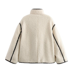 Winter New Stand Collar Contrast Color Button Loose And Warm Coat For Women
